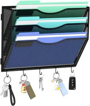 Hanging Wall File Organizer with 5 Hooks - Wall Mounted Mail Paper Document Folder Holder, Sturdy Mesh Magazine Rack for Office Home (3 Tier) Hanging Wall File Organizer with 5 Hooks - Wall Mounted Mail Paper Document Folder Holder, Sturdy Mesh Magazine Rack for Office Home (3 Tier)