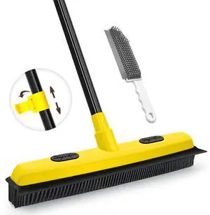 Rubber Broom with Squeegee, Pet Hair Remover 52.8 inches Long Handle, Push Fur Removal Tool with Portable Detailing Lint Brush for Fluff Carpet, Window, Tile, Hardwood Floor Cleaning (Yellow) Rubber Broom with Squeegee, Pet Hair Remover 52.8 inches Long Handle, Push Fur Removal Tool with Portable Detailing Lint Brush for Fluff Carpet, Window, Tile, Hardwood Floor Cleaning (Yellow)