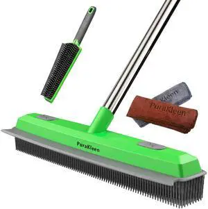Rubber Broom for Pet Hair Gets What Your Vacuum Misses,Non-Scratch Carpet Rake 24 "-61 "Adjustable Handle,4-in-1 (Squeegee+Pet Brush+2 Microfiber Cloth),Stairs,Corners, Rugs,Hardwood Green Rubber Broom for Pet Hair Gets What Your Vacuum Misses,Non-Scratch Carpet Rake 24 "-61 "Adjustable Handle,4-in-1 (Squeegee+Pet Brush+2 Microfiber Cloth),Stairs,Corners, Rugs,Hardwood Green