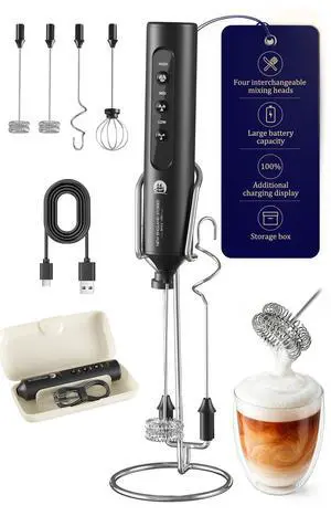 Rechargeable Milk Frother with Stand, 4 Interchangeable Whisks & Travel Case Handheld Mixer for Lattes, Matcha, Hot Chocolate, Eggs & Protein Shakes Rechargeable Milk Frother with Stand, 4 Interchangeable Whisks & Travel Case Handheld Mixer for Lattes, Matcha, Hot Chocolate, Eggs & Protein Shakes