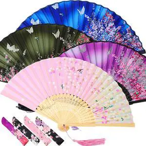 4 Pack Handheld Floral Folding Fans Hand Held Silk Bamboo Fans with Tassel Women Hollowed Hand Foldable Fan with Fabric Sleeve for Dancing Wedding Decoration Gifts(Lively) 4 Pack Handheld Floral Folding Fans Hand Held Silk Bamboo Fans with Tassel Women Hollowed Hand Foldable Fan with Fabric Sleeve for Dancing Wedding Decoration Gifts(Lively)