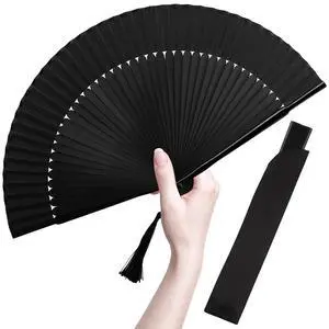 Folding Hand Fan for Women, Japanese Bamboo Silk Handheld Foldable Fan for Hot Flashes, Church, Rave, Wedding Gift (Black) Folding Hand Fan for Women, Japanese Bamboo Silk Handheld Foldable Fan for Hot Flashes, Church, Rave, Wedding Gift (Black)