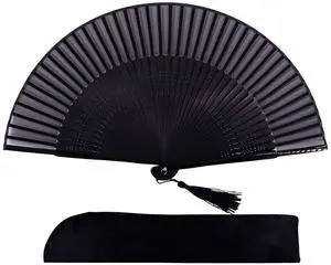 8.27" (21cm) Hand Held Bamboo Silk Folding Fan, Chinese/Japanese Charming Elegant Vintage Retro Style, Women Ladies Girls for Birthday, Wedding, Party, Black-2 8.27" (21cm) Hand Held Bamboo Silk Folding Fan, Chinese/Japanese Charming Elegant Vintage Retro Style, Women Ladies Girls for Birthday, Wedding, Party, Black-2