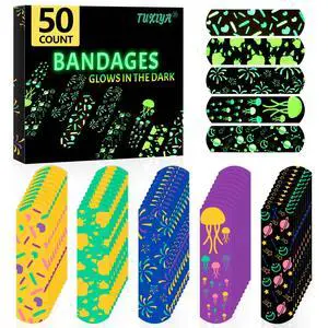 50 Count Kids Bandaids, Glow in The Dark & Waterproof Bandages, One Size Cute Bandaids for Kids and Adults, 5 Styles Adhesive Bandages for Minor Cuts, Scrapes, Wounds and First Aid 50 Count Kids Bandaids, Glow in The Dark & Waterproof Bandages, One Size Cute Bandaids for Kids and Adults, 5 Styles Adhesive Bandages for Minor Cuts, Scrapes, Wounds and First Aid