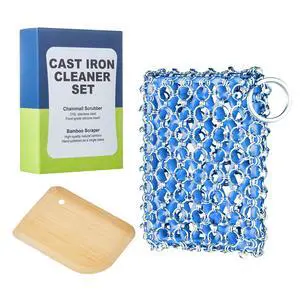 Cast Iron Scrubber - 316 Stainless Steel with Silicone Core, Bamboo Scraper, Perfect Cleaner Set for Cast Iron Pans, Skillets, Pots, Woks Cast Iron Scrubber - 316 Stainless Steel with Silicone Core, Bamboo Scraper, Perfect Cleaner Set for Cast Iron Pans, Skillets, Pots, Woks