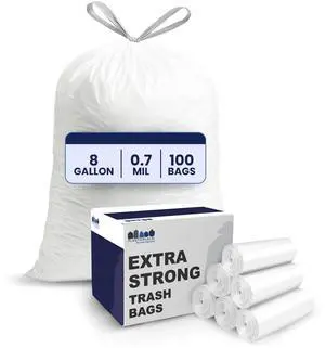 8 Gallon Trash Bags: Premium White Drawstring Garbage Bag, 0.7 Mil Thickness, Durable Trash Can Liners, Garbage Bags for your Trash Can, Ring Size 22" x 22" (Pack of 100) 8 Gallon Trash Bags: Premium White Drawstring Garbage Bag, 0.7 Mil Thickness, Durable Trash Can Liners, Garbage Bags for your Trash Can, Ring Size 22" x 22" (Pack of 100)