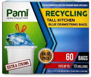 Recycling Tall Kitchen Drawstring Trash Bags- Extra-Strong Plastic Garbage Bags- Thick Trash Can Liners For Kitchen & Outdoor Bins- 2ft x2ft Unscented Trash Bags (13 Gallon 60 Count Blue) Recycling Tall Kitchen Drawstring Trash Bags- Extra-Strong Plastic Garbage Bags- Thick Trash Can Liners For Kitchen & Outdoor Bins- 2ft x2ft Unscented Trash Bags (13 Gallon 60 Count Blue)