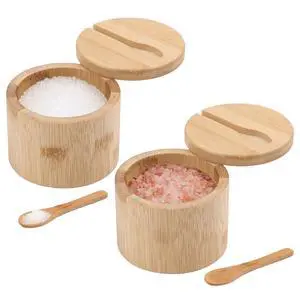 2 Pcs Bamboo Salt Cellar with Swivel Lid & Spoon, Spice Box Bowl Storage Container, Kitchen Salt Holder Saver Jar to Storage Pepper Spice Sea Salt for Countertop 2 Pcs Bamboo Salt Cellar with Swivel Lid & Spoon, Spice Box Bowl Storage Container, Kitchen Salt Holder Saver Jar to Storage Pepper Spice Sea Salt for Countertop