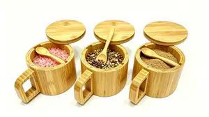 Bamboo Salt Cellar with Handle, 10oz Magnetic Swivel Lid & Spoon(3 Pack) Bamboo Salt Cellar with Handle, 10oz Magnetic Swivel Lid & Spoon(3 Pack)