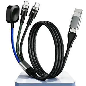 Multi Fast Charging Cable for Apple Watch - 100W Dual USB C Fast Charging Cable for iPhone 17/16/15/14/13/iWatch, 3 in 2 Portable Watch Charging Cord with 2 USB C and iWatch Charger Port, 6.5FT Multi Fast Charging Cable for Apple Watch - 100W Dual USB C Fast Charging Cable for iPhone 17/16/15/14/13/iWatch, 3 in 2 Portable Watch Charging Cord with 2 USB C and iWatch Charger Port, 6.5FT