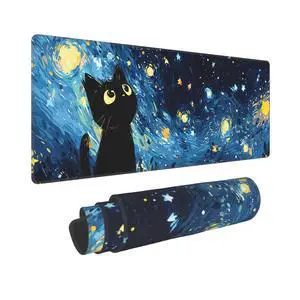 Starry Night Black Cat Mouse Pad,Blue Anime Large Desk Mat,31.5x12in Starry Night Black Cat Mouse Pad,Blue Anime Large Desk Mat,31.5x12in