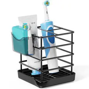 Toothbrush Holders for Bathrooms, Stainless Steel Toothbrush and Toothpaste Holder, Kids Electric 3 Slots Tooth Brushing Holder Stand for Bathroom Accessories Organizer with Tray, Black Toothbrush Holders for Bathrooms, Stainless Steel Toothbrush and Toothpaste Holder, Kids Electric 3 Slots Tooth Brushing Holder Stand for Bathroom Accessories Organizer with Tray, Black