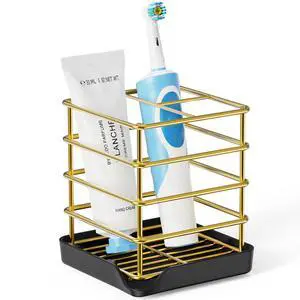 Toothbrush Holders for Bathrooms, Stainless Steel Toothbrush Holder Kids Electric 3 Slots Tooth Brushing Holder Stand and Toothpaste Holder for Bathroom Accessories Organizer with Tray, Gold Toothbrush Holders for Bathrooms, Stainless Steel Toothbrush Holder Kids Electric 3 Slots Tooth Brushing Holder Stand and Toothpaste Holder for Bathroom Accessories Organizer with Tray, Gold