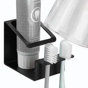Matte Black Stainless Steel Toothbrush Holder - Wall Mounted 3-in-1 Adhesive Toothpaste & Cup Stand - No-Drill Bathroom Vanity Storage Organizer - Rust-Proof Matte Black Stainless Steel Toothbrush Holder - Wall Mounted 3-in-1 Adhesive Toothpaste & Cup Stand - No-Drill Bathroom Vanity Storage Organizer - Rust-Proof