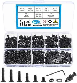 570 Pcs M3 Metric Screw Assortment, Flat Head Machine Screw Assortment Kit, Countersunk Hex Socket Cap Screws Set with Washers, Countersunk Bolts and Nuts Set with Wrench(Black) 570 Pcs M3 Metric Screw Assortment, Flat Head Machine Screw Assortment Kit, Countersunk Hex Socket Cap Screws Set with Washers, Countersunk Bolts and Nuts Set with Wrench(Black)