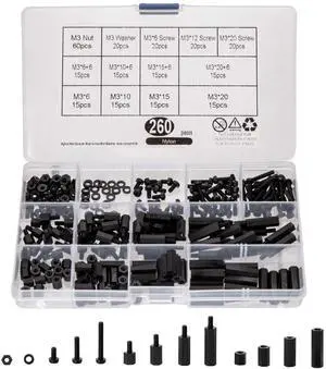 260 Pcs M3 Male Female Nylon Hex Spacer Standoffs Screws Nuts, Nylon Hex Threaded Pillar Spacer Standoffs Screws Nuts Assortment Kit for PCB Motherboard Circuit Board - Black 260 Pcs M3 Male Female Nylon Hex Spacer Standoffs Screws Nuts, Nylon Hex Threaded Pillar Spacer Standoffs Screws Nuts Assortment Kit for PCB Motherboard Circuit Board - Black