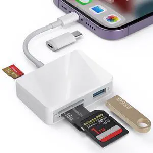 SD Card Reader for iPhone, Memory Card Reader with USB-C to Lightning Adapter Plug and Play Trail Game Camera Micro SD Card Viewer Support SD/TF/MS Card and USB Port for iPad Mac No App(White) SD Card Reader for iPhone, Memory Card Reader with USB-C to Lightning Adapter Plug and Play Trail Game Camera Micro SD Card Viewer Support SD/TF/MS Card and USB Port for iPad Mac No App(White)