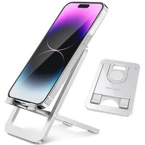 Cell Phone Stand for Desk - Foldable Aluminum Phone Holder, Portable Travel Essentials, Adjustable Desktop Dock for iPhone 17 16 15 14 Pro Max, Android, Silver Cell Phone Stand for Desk - Foldable Aluminum Phone Holder, Portable Travel Essentials, Adjustable Desktop Dock for iPhone 17 16 15 14 Pro Max, Android, Silver