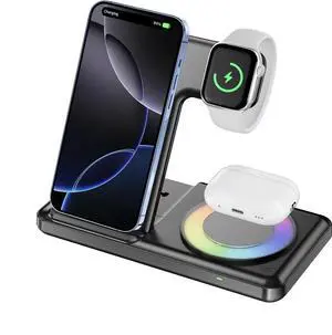 Charging Station with RGB Light for iPhone 17 16 15 14 Pro Max 13 12, Travel 3 in 1 Wireless Charger Stand for Apple Multiple Devices, iWatch 11 10 9 8 7 6 5 4 3 2, Airpods 4 3 Pro Black Charging Station with RGB Light for iPhone 17 16 15 14 Pro Max 13 12, Travel 3 in 1 Wireless Charger Stand for Apple Multiple Devices, iWatch 11 10 9 8 7 6 5 4 3 2, Airpods 4 3 Pro Black