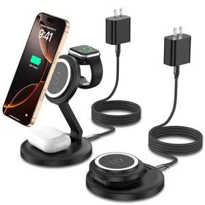 3 in 1 Foldable Wireless Charger iPhone Charging Station, 2Pack Magnetic Stand Wireless Charger Dock for Apple Multple Devices, with PD Adapter and USB C Cable for iPhone, iWatch & Airpods All Series 3 in 1 Foldable Wireless Charger iPhone Charging Station, 2Pack Magnetic Stand Wireless Charger Dock for Apple Multple Devices, with PD Adapter and USB C Cable for iPhone, iWatch & Airpods All Series