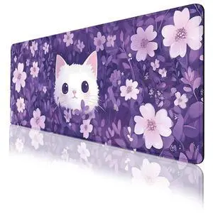 Cute Cat Mouse Pad, Purple Floral Kawaii Cartoon Gaming Desk Mat with Stitched Edges,Non-Slip Waterproof Rubber Base Mouse Mat, 31.5x11.8in Mouse Pads for Desk Home Office Gaming Cute Cat Mouse Pad, Purple Floral Kawaii Cartoon Gaming Desk Mat with Stitched Edges,Non-Slip Waterproof Rubber Base Mouse Mat, 31.5x11.8in Mouse Pads for Desk Home Office Gaming