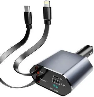 4 in 1 Retractable Car Charger, 60W Fast Charging, Voltage Display | 2 retractable cables, 2 USB ports, for iPhone 16/15/14/13/12/11, Android, Samsung, Galaxy, Pixel 4 in 1 Retractable Car Charger, 60W Fast Charging, Voltage Display | 2 retractable cables, 2 USB ports, for iPhone 16/15/14/13/12/11, Android, Samsung, Galaxy, Pixel