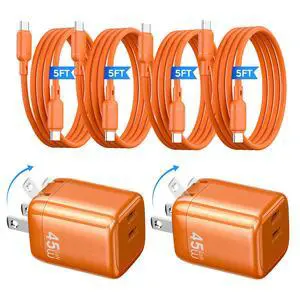 45W USB C Charger 2-Pack GaN PD Dual Port Fast Charger Block Compact Foldable Wall Plug with 4 Pack 5Ft Cables for iPhone 17 16 15 Pro Max/17 16 15 Pro/17 16 15, iPad Air/Pro (Orange) 45W USB C Charger 2-Pack GaN PD Dual Port Fast Charger Block Compact Foldable Wall Plug with 4 Pack 5Ft Cables for iPhone 17 16 15 Pro Max/17 16 15 Pro/17 16 15, iPad Air/Pro (Orange)