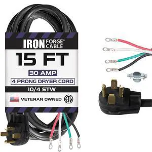 4 Prong Dryer Cord, 15 Ft - Black | 10/4 STW Cable, NEMA 14-30 Plug, 30 Amp, Black - For Dryers 4 Prong Dryer Cord, 15 Ft - Black | 10/4 STW Cable, NEMA 14-30 Plug, 30 Amp, Black - For Dryers