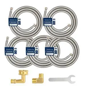 6FT Dishwasher Hose with Elbow Stainless Steel Braided Supply Line, 3/8" Compression to 3/8" Elbow, Universal Fit, Burst Proof, NSF/Lead-Free Certified, 5pcs 6FT Dishwasher Hose with Elbow Stainless Steel Braided Supply Line, 3/8" Compression to 3/8" Elbow, Universal Fit, Burst Proof, NSF/Lead-Free Certified, 5pcs