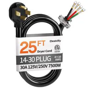 25FT 4 Prong Dryer Cord, Pure Copper, NEMA 14-30P Plug, ETL Listed | 4-Wire 30Amp 10 Gauge, Dryer Cord 4 Prong, Dryer Power Cord Replacement, O-Ring Terminals, 250V 7500W, Black, SRDT 25FT 4 Prong Dryer Cord, Pure Copper, NEMA 14-30P Plug, ETL Listed | 4-Wire 30Amp 10 Gauge, Dryer Cord 4 Prong, Dryer Power Cord Replacement, O-Ring Terminals, 250V 7500W, Black, SRDT