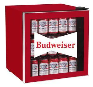 MIS168BUD Budweiser Mini Beverage Cooler - 70 Can or 17 Bottles Beer Fridge with Glass Door for Soda + Adjustable Thermostat, Perfect for Home, Office, or Dorm, 1.8 cu ft MIS168BUD Budweiser Mini Beverage Cooler - 70 Can or 17 Bottles Beer Fridge with Glass Door for Soda + Adjustable Thermostat, Perfect for Home, Office, or Dorm, 1.8 cu ft
