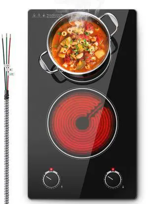2 Burner Electric Cooktop,12 inch Built-in 3000W and 9 Power Levels Glass Ceramic Stove Top,Electric Stove with Knob Control,Hardwired 240V for Kitchen,Residual Heat Protection,Easy Clean 2 Burner Electric Cooktop,12 inch Built-in 3000W and 9 Power Levels Glass Ceramic Stove Top,Electric Stove with Knob Control,Hardwired 240V for Kitchen,Residual Heat Protection,Easy Clean
