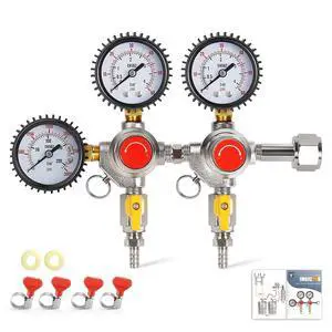 Two System CO2 Regulator, Dual Output Keg Regulator Beer Regulator | CGA-320 co2 tank pressure regulator with 0-55 psi working pressure, 5/16" barb outlet, for hombrew or bars Two System CO2 Regulator, Dual Output Keg Regulator Beer Regulator | CGA-320 co2 tank pressure regulator with 0-55 psi working pressure, 5/16" barb outlet, for hombrew or bars