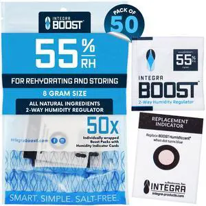 55% RH Level - 8 Gram Size - Two-Way Humidity Control Pack Incl. Replacement Indicator Cards - Food Storage & Herbs Preserver Moisture Balancer, Protects 1 OZ (Pack of 50) 55% RH Level - 8 Gram Size - Two-Way Humidity Control Pack Incl. Replacement Indicator Cards - Food Storage & Herbs Preserver Moisture Balancer, Protects 1 OZ (Pack of 50)