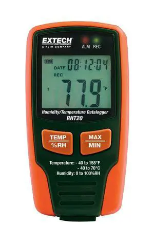 RHT20 Humidity and Temperature Datalogger, 16000 Reading, USB | RH 0-100%, temp -40 to 158F, dew point, 8000 RH + 8000 temp readings, time/date stamp, USB software RHT20 Humidity and Temperature Datalogger, 16000 Reading, USB | RH 0-100%, temp -40 to 158F, dew point, 8000 RH + 8000 temp readings, time/date stamp, USB software