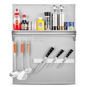 Range Backsplash, 24"x30" Stainless Steel Backsplash with Storage Shelf & Magnetic Knife Rack, Range Hood Stainless Steel Backsplash for Stove, Range Hood Wall Shield with Pre-Drilled Holes Range Backsplash, 24"x30" Stainless Steel Backsplash with Storage Shelf & Magnetic Knife Rack, Range Hood Stainless Steel Backsplash for Stove, Range Hood Wall Shield with Pre-Drilled Holes