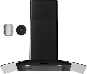 30 Inch Wall Mounted Curved Glass Black Range Hood with 450 CFM Stainless Steel kitchen Ductless/Ducted Convertible with 3 Speeds Extract Fan & Touch Control 30 Inch Wall Mounted Curved Glass Black Range Hood with 450 CFM Stainless Steel kitchen Ductless/Ducted Convertible with 3 Speeds Extract Fan & Touch Control