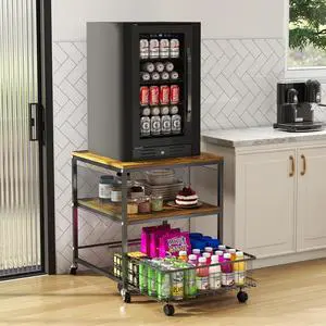 Mini Fridge Stand with Storage - 3-Tier Rolling Refrigerator Cart with Lockable Wheels, Heavy Duty 21x21 Beverage Fridge Table, Sturdy Metal Frame Stand for Dorm, Apartment, Rustic Brown Mini Fridge Stand with Storage - 3-Tier Rolling Refrigerator Cart with Lockable Wheels, Heavy Duty 21x21 Beverage Fridge Table, Sturdy Metal Frame Stand for Dorm, Apartment, Rustic Brown