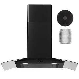 30 Inch Black Range Hood Wall Mounted Curved Glass Range Hoods with 450 CFM, Stainless Steel kitchen Ductless/Ducted Convertible with 3 Speed Controls, Permanent Baffle Filters and 2 LED Lights 30 Inch Black Range Hood Wall Mounted Curved Glass Range Hoods with 450 CFM, Stainless Steel kitchen Ductless/Ducted Convertible with 3 Speed Controls, Permanent Baffle Filters and 2 LED Lights