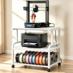 3D Printer Stand with Power Outlet, 23.6" x 23.6", White | Filament Storage, Rolling Printer Cart, 2-Tier Wood Storage Shelves for 2 Devices, Locking Wheels, for Home Office 3D Printer Stand with Power Outlet, 23.6" x 23.6", White | Filament Storage, Rolling Printer Cart, 2-Tier Wood Storage Shelves for 2 Devices, Locking Wheels, for Home Office