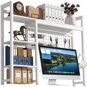 Desktop Shelf, 38.5'' Desktop Organizer Shelf for Computer Monitor, 4 Tier Hutch Storage Rack for Home Office Dorm, White Desktop Shelf, 38.5'' Desktop Organizer Shelf for Computer Monitor, 4 Tier Hutch Storage Rack for Home Office Dorm, White