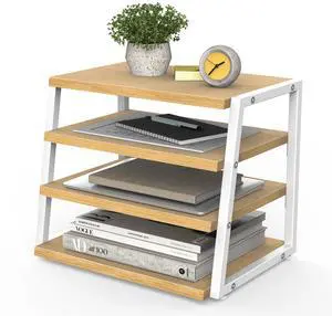Desk Shelf Organizer, 4-Tier Tower Desktop Office Shelves, Oak | Wood and Metal Open Shelf, Corner File Organizer for Office Supplies, Top of Desk Organizers and Accessories Desk Shelf Organizer, 4-Tier Tower Desktop Office Shelves, Oak | Wood and Metal Open Shelf, Corner File Organizer for Office Supplies, Top of Desk Organizers and Accessories