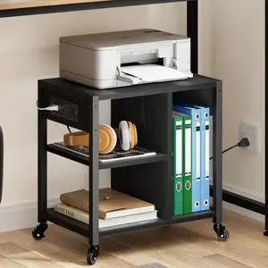 Under Desk Printer Stand with Power Outlets and USB Charging Ports, Desktop Printer Table with Storage Shelf, 4 Tier Mobile Printer Stand with Wheels for Home Office, Rustic Black Under Desk Printer Stand with Power Outlets and USB Charging Ports, Desktop Printer Table with Storage Shelf, 4 Tier Mobile Printer Stand with Wheels for Home Office, Rustic Black