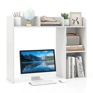 Desk Hutch, Countertop Storage Organizer with 5 Shelves, 3-Tier Display Rack for Computer Desk, Multipurpose Wood Hutch Organizer, Desktop Bookshelf for Dorm, Office, Home, White Desk Hutch, Countertop Storage Organizer with 5 Shelves, 3-Tier Display Rack for Computer Desk, Multipurpose Wood Hutch Organizer, Desktop Bookshelf for Dorm, Office, Home, White