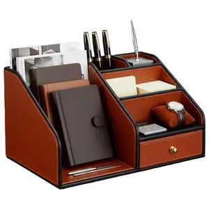 PU Leather Desk Organizer, Multifunction 6 Compartment Desk Organizers and Accessories for Office Supplies, Pen Pencil Holder/Book Mail Organizer Holder for Desk with Drawer (Brown) PU Leather Desk Organizer, Multifunction 6 Compartment Desk Organizers and Accessories for Office Supplies, Pen Pencil Holder/Book Mail Organizer Holder for Desk with Drawer (Brown)