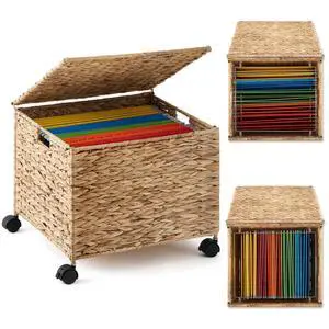 Rolling Hanging File Box, Water Hyacinth Wicker Basket File Organizer Letter/legal Size Collapsible Woven Hanging Filing Cabinet with Lid and Locking Wheels for Office/home Decor, 17 x 15 x 14 in Rolling Hanging File Box, Water Hyacinth Wicker Basket File Organizer Letter/legal Size Collapsible Woven Hanging Filing Cabinet with Lid and Locking Wheels for Office/home Decor, 17 x 15 x 14 in
