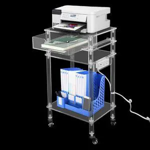 Rolling Acrylic Printer Stand Modern Clear Printer Cart with USB Ports Outlet Multifunctional Printer Table with Wheels and Drawer for Home Office Living Room Bedroom, Clear Rolling Acrylic Printer Stand Modern Clear Printer Cart with USB Ports Outlet Multifunctional Printer Table with Wheels and Drawer for Home Office Living Room Bedroom, Clear