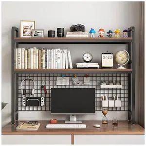 Desktop Hutch Bookshelf, 2-Tier Metal Desk Shelf with Grid Panel | Wooden Desktop Display Rack for Computer Monitor, Countertop Storage Organizer for Office Home Dorm (115cm Black) Desktop Hutch Bookshelf, 2-Tier Metal Desk Shelf with Grid Panel | Wooden Desktop Display Rack for Computer Monitor, Countertop Storage Organizer for Office Home Dorm (115cm Black)