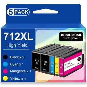 5 Pack 712XL Ink Cartridges Replacement 712 Ink Cartridge 80ml Remanufactured for HP DesignJet T650 T630 T250 T230 T210 Studio Plotter Printer(2X Black,1x Cyan,1x Magenta,1x Yellow) 5 Pack 712XL Ink Cartridges Replacement 712 Ink Cartridge 80ml Remanufactured for HP DesignJet T650 T630 T250 T230 T210 Studio Plotter Printer(2X Black,1x Cyan,1x Magenta,1x Yellow)