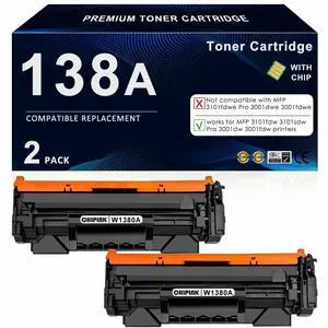 138A Toner Cartridge (with Chip) Replacement Compatible for HP 138A Black Toner Cartridge W1380A 138X W1380X for Laser Pro MFP 3101fdw 3101sdw Pro 3001dw 3001fdw Printer (2 Pack) 138A Toner Cartridge (with Chip) Replacement Compatible for HP 138A Black Toner Cartridge W1380A 138X W1380X for Laser Pro MFP 3101fdw 3101sdw Pro 3001dw 3001fdw Printer (2 Pack)